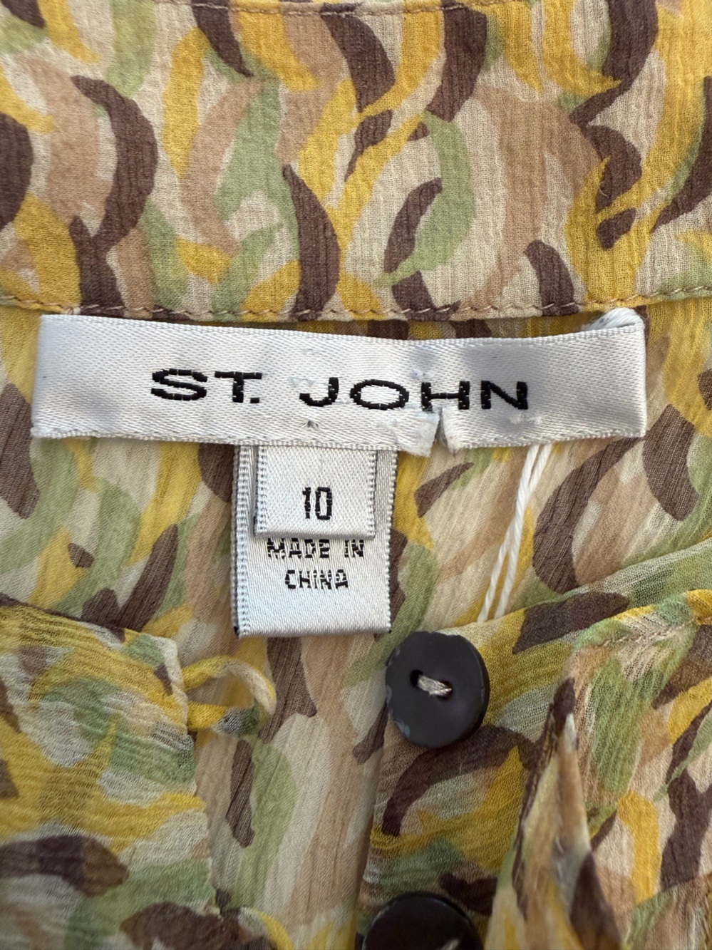 #755 St. John 100% Silk Yellow Green Brown Sheer Printed Blouse”. Like New!